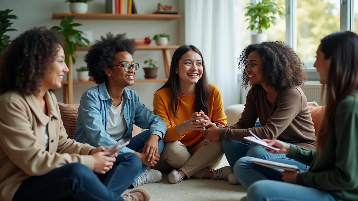 Diverse mental health session with students and therapist