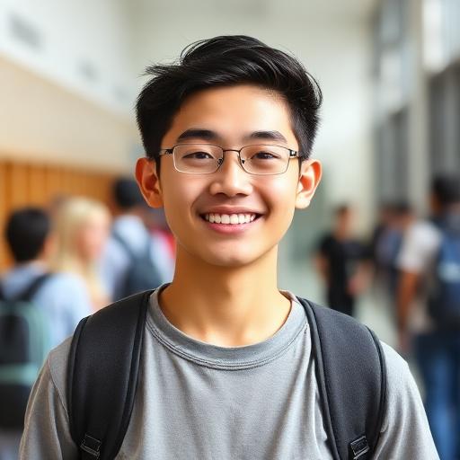 Asian teenage boy smiling, individual school portrait